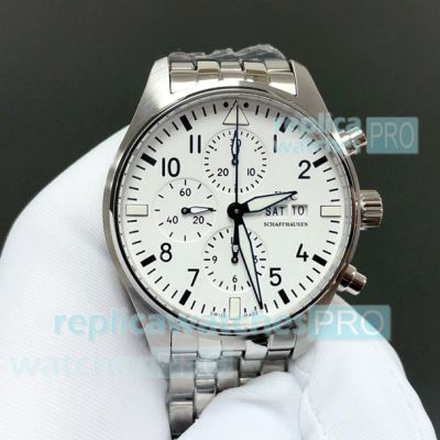 Swiss Copy IWC Schaffhausen White 43mm Pilot's Spitfire Chronograph Steel Watch 